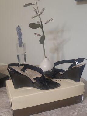 Black Patent Wedge Sandals  Franco Sarto. 3.5 Inch Wedge VG Condition.
